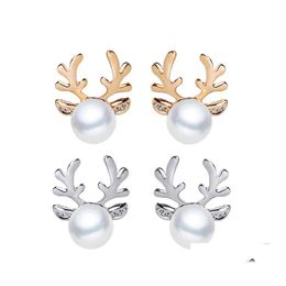 Stud Luxury Pearl Antlers Earrings Christmas Reindeer Elk Animal Rhinestone Crystal Sier For Women Girls Fashion Jewelry Drop Deliver Otlwt