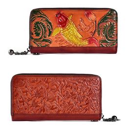 Wallets Vintage 3-fold Cowhide Embossed Women's Wallet Hand-painted Genuine Leather Long Clutch Bag