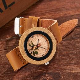 Wristwatches Fashion Women Wood Watch Leather Band Flower Analog Quartz Men Wrist Watches