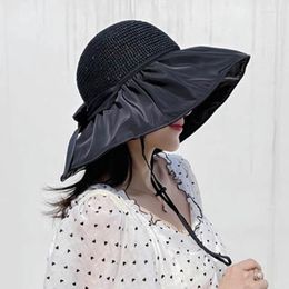 Wide Brim Hats Black Glue Bow Sunshade Hat Woman Summer Hollow Straw Uv Large-Brimmed Knitted Sunblock Fisherman's HatWide Davi22