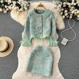 Work Dresses Autumn Winter Women Skirt Suits High Quality Vintage Plaid Tassel Tweed Short Jacket And Mini Two Piece Set