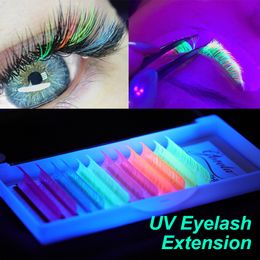Makeup Tools Gorota UV Neon Lash Extenion Glow in the Dark lashes Fluorescent Green Bright Colourful Bulk Classic Individual Eyelash Extension 230204