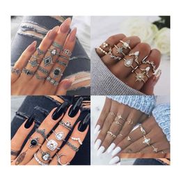 Cluster Rings Bohemian Midi Knuckle Finger Set For Women Vintage Turtle Elephant Lotus Moon Crystal Wedding Gold Sier Boho Jewelry D Otr4T