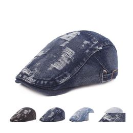 Berets Fashion Hole Cowboy Hats For Men Retro Denim Sboy Hat Unisex Casual Cotton Beret Cap Hip Hop Flat Drop Delivery Accessories S Otqmp