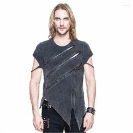 Men's T Shirts Steampunk Irregular Black Grey Round Neck T-shirt Zipper Decoration Hollow Hole Slim Casual Fashion Short Seeve Tee