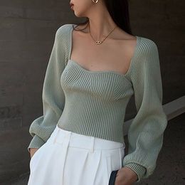 Women's Sweaters Square Collar Long Sleeve Women's Sweater Knitted Pullover Spring Autumn Basic Sweater Winter Crop Top Black White Pullover 230203