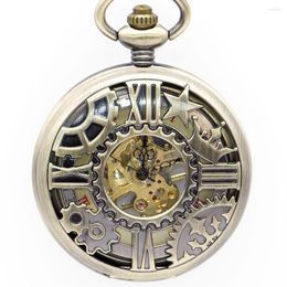 Pocket Watches Bronze Machine Wheel Gear Mechanical Watch Roman Numerals Skeleton Pocket&Fob With Box PJX1343