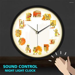 Wall Lamps Cartoon Fireman Metal Frame LED Clocks Watch Sound Activated Fire Rescue Department Clock Firefighter Home Decor Horologe