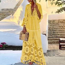 Casual Dresses Women's Clothing Spring And Autumn Dress Bohemian Lace Fringe Stitching Beach Resort Temperament Long Ladies Skirt WE189