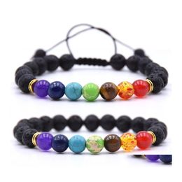 Beaded Strands Mens 7 Chakra Lava Rock Charms Bracelets Essential Oils Diffuser Natural Stone Beaded Chain Bangle For Womens Crafts Ot6M3