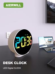 Desk Table Clocks Aierwill N16 Round Alarm Clock with Snooze Calendar 1224H Week Digital LED Tables Clock for Bedrooms Bedside Desk Shelf 230204