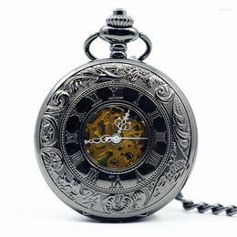 Pocket Watches Retro Antique Black Steampunk Hand Wind Mechanical Watch Men Necklace Fob PJX1216