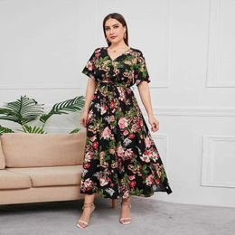 Selling Arrival Casual Dresses High Waist Western Style V Neck Midi Dress Plus