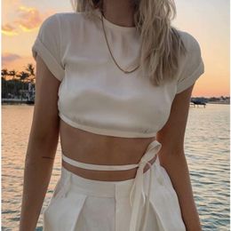 Women's T Shirts Summer Fashion Woman Lace Sexy Halter Strap Short Satin Short-sleeved Top A601Women's