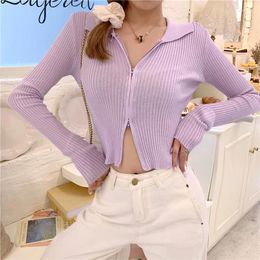 Women's Knits Fashion Elastic Ribbed Zip-up Cardigans Casual Turn-down Collar Long Sleeve Spring Sweater Sexy Cropped Tops Knitting