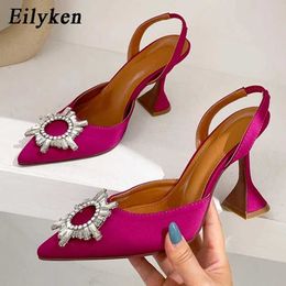 Dress Shoes Eilyken Rose Red Women Pumps Silk Satin Pointed Toe Rhinestone Crystal High Heels Wedding Dress On Cup Heeled Mules Shoes G230130