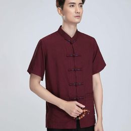 Ethnic Clothing Men's Casual Chinese Costumes Traditional Tang Suit Cotton Linen Shirt Wushu Wing Chun Short Sleeve Tops