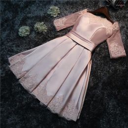 Party Dresses Satin Pearl Pink A-Line Cocktail Off The Shoulder Half Sleeves Lace Applique Short Women Formal Prom Gowns Up