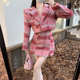 Work Dresses Fall Winter Fashion 2 Piece Pink Dress Suit Two Plaid Slim Short Jacket Coat&High Waist Mini Skirt Celebrity 2pc Sets