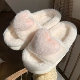 Fluffy Heart Fur Women Love Warm Open Toe Plush Memory Foam Slide Slippers Home Winter Indoor Shoes a e