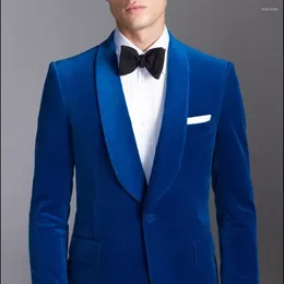 Men's Suits 2023 Royal Blue Velvet Shawl Lapel Formal Custom Groom Wedding For Men Slim Fit 2 Pieces Terno Latest Coat Pant Designs