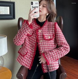 Women's Jackets High Quality Small Fragrant Elegant Red Plaid Tweed Jacket Coats Women Long Sleeve Female Christmas Temperament Outerwear