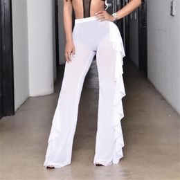 Women's Swimwear Womens Perspective Ruffles Pants Long Loose High Waist Wide Leg Trousers Ladies Plus Size Bikini Cover-up TrousersWomen's