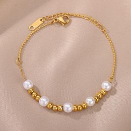 Link Bracelets Vintage Imitation Pearl Beads For Women Stainless Steel Gold Plated Wrist Wedding Jewellery Christmas Gift