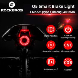 Bike Lights ROCKBROS Bicycle Smart Auto Brake Sensing IPx6 Waterproof LED Charging Cycling Taillight Rear Accessories Q5 230204