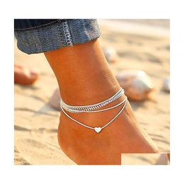 Anklets 925 Sier Beach Bracelet Womens Mti Layer Love Heart Anklet Summer Holiday Foot Chain Jewellery Set Drop Delivery Dhe8U