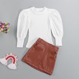 Clothing Sets 2Pcs Toddler Girls Fall Outfits Long Puff Sleeve Rib Knit Tops Mini Leather Skirt Fashionable Suits