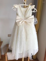 Girl Dresses Pearls Flower 2023 Short Front Long Back Lace Cap Sleeve Young Girls Formal Party Gowns