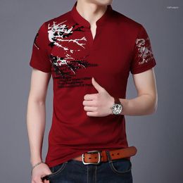 Men's Polos 2023 Summer Mens Polo Shirt V Collar Printing Short Sleeve Shirts Burgundy Breathable Casual Classic Male Clothing M-4XL