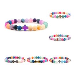 Beaded Strands Rainbow Weathered Agate Beaded Bracelets Women Cross Dumbbell Charm Healing Natural Stone Beads Wrap Bangle For Men Otpj1