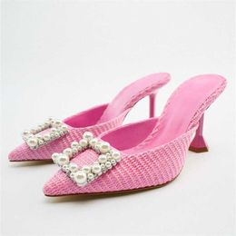 Scarpe eleganti 2022 TRAF Scarpe con tacco alto con perline di perle Donna Eleganti sandali con tacco rosa Tessuto Moda Scarpe con tacco alto Lady Slingback Pump G230130