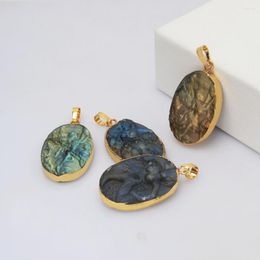Pendant Necklaces BOROSA 5PCS Design Gold Plated Oval Labradorite Carved Charm Druzy Gems For Necklace Jewellery G2026