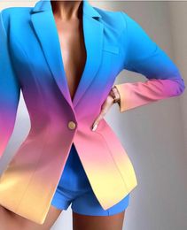 Women's Suits Blazers Women Solid Long Sleeve Blazer 2pcs/Top Office Lady Single Button Coat And Shorts Outfits Autumn V Neck Jackets Suit Casual Slim 230203