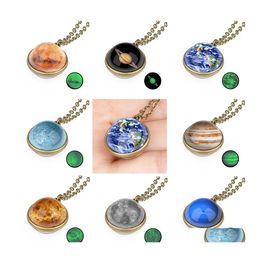 Pendant Necklaces Glow In The Dark Double Side Glass Ball Necklace Earth Planet Pattern Personality Jewellery Solar System Galaxy Astr Otadq