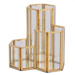 Storage Boxes Glass Copper Hexagon Composite Pen Holder Makeup Brush Box Multifunction Desktop Organiser Office Accessories