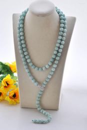 Chains S2452 48" 10mm Aquamarine Jade Round Bead Necklace CZ Leaf