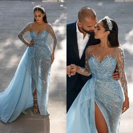 Arabic Style Meramid Prom Party Dresses 2023 Sky Blue Lace Sexy V Neck Long Sleeves Side Slit Evening Occasion Gowns Vestidos De Festa