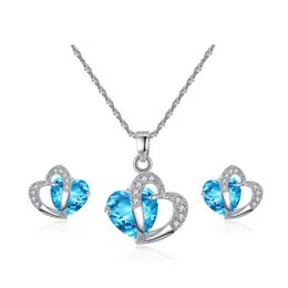 Earrings Necklace Austrian Crystal Jewelry Set Cubic Zirconia Cz Double Heart Shape Pendant Stud Sets For Women Luxury Gift Drop De Otvtr