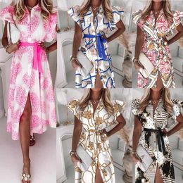 Summer Ruffles Belt Short Sleeve Casual Dresses V Neck Buttons Printed Dress