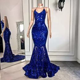 Real Picture Long Elegant Prom Dress Sexy Mermaid See Through Sparkly Sequin Royal Blue Black Girls Backless Prom Gowns 2023