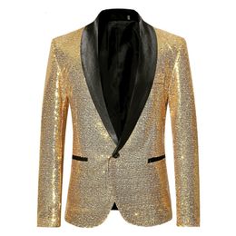 Men's Suits Blazers Mens Shiny Gold Sequin Glitter Blazer Jacket Fashion Shawl Collar One Button Suit Blazer Men Stage Singer Costume Homme 230203