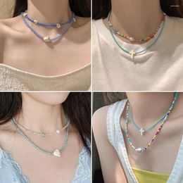 Choker 2pcs Colored Beaded Necklaces Women Fashion Bohemia Jewelry Stone Pearl Pendants Y2k Beads