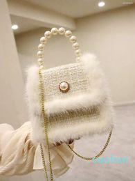 Evening Bags Original Pearl Chain One Shoulder Portable Messenger Bag Woollen Cloth 2023 Spring Fashion Women's