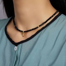 Chains Niche Advanced Design Natural Semi-Precious Stone Multicolor Black Beaded Necklace Cross Pendant