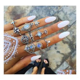 Cluster Rings Bohemian Antique Sier Midi Finger Set For Women Crystal Diamond Turtle Cross Lotus Knuckle Fashion Jewelry In Bk Drop D Otzbq