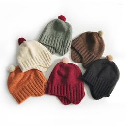 Hats 1-6 Years Boys Hat Knitted Solid Colour Autumn Winter Plush Ball Ear Flap Kids For Daily Wear